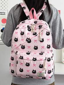 1 pieza Mochila de nailon de gran capacidad para estudiantes, mochila de gato con lazo para estudiantes universitarios, mochila de nailon, mochila de viaje - Rosa - Ver 9