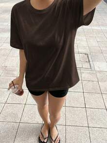 Vaiaye Women's Loose Round Neck Casual T-Shirt, Solid Color Minimalist Slim Fit Short Sleeve T-Shirt Brown - Brown - View 11