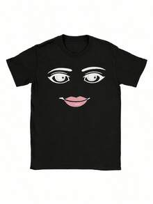Unisex Short Sleeve Round Neck Cotton T-Shirt Retro Style With Robot Print And Facial Expression - 黑色 - 查看 3