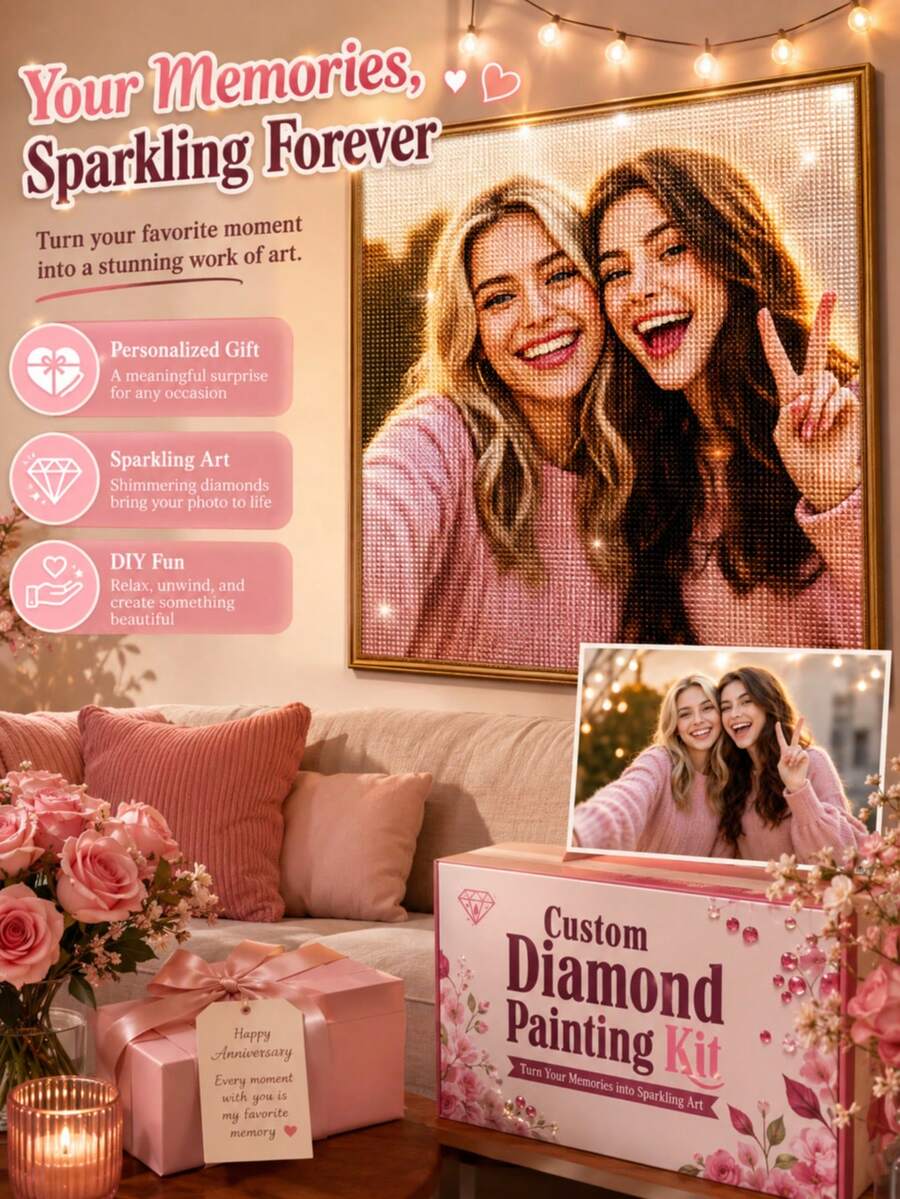 1pc Personalized Photo Diamond Painting Kit, Custom Image DIY Full Drill Art, Optional Round Or Square Rhinestones, Sparkling Mosaic Canvas, Suitable For Couples, Family, Pets, Wedding, Anniversary, Graduation, Back To School, Home Decor Gift - Multicolor - View 1