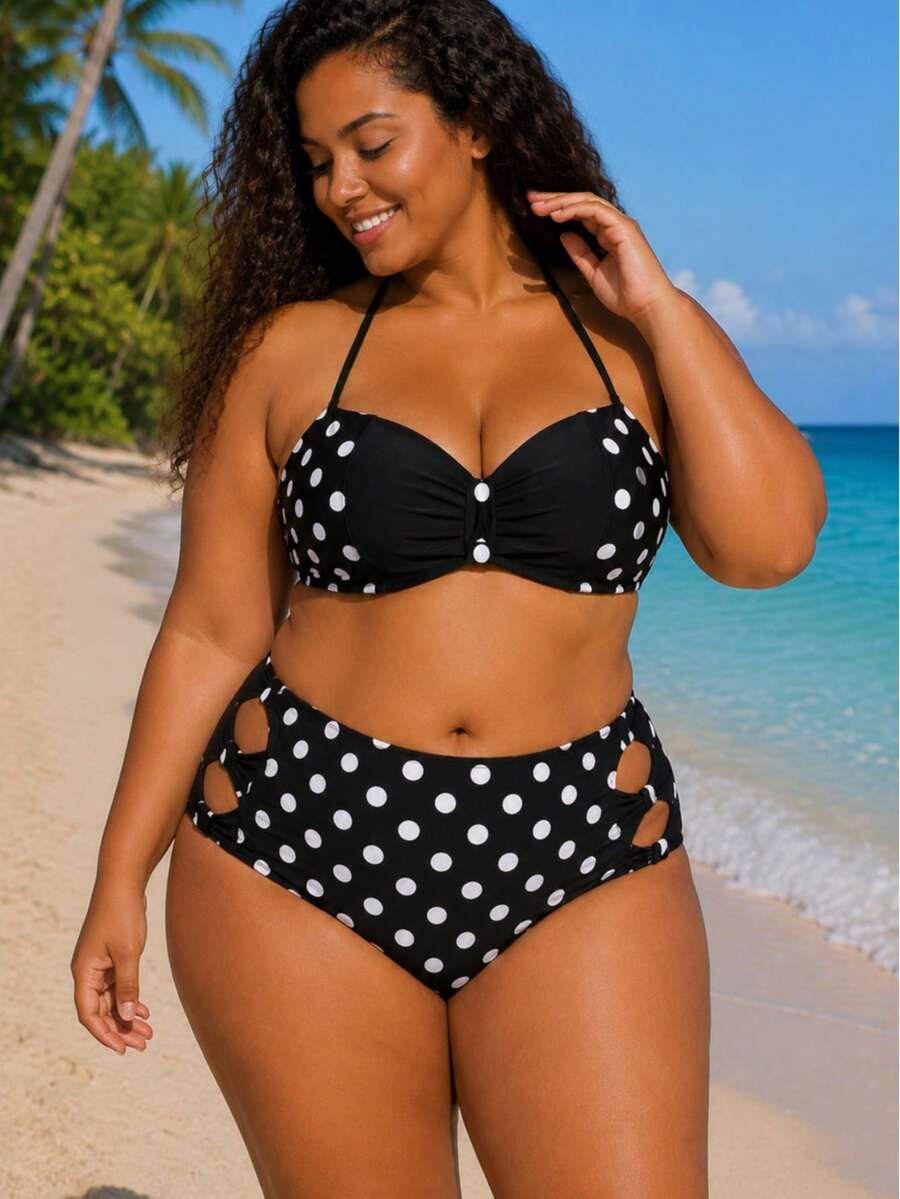 Women's Plus Size Black Bikini Set With Decorative Trim – Stylish Two Pieces Swimwear For Beach & Pool - Black - View 1