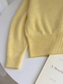 Women's Raglan Small V-Neck Knitted Top, Short Length, High Waist, Ribbed Hem, Soft Skin-Friendly, Spring/Autumn Casual Long Sleeve Base Layer Sweater - Yellow - View 4