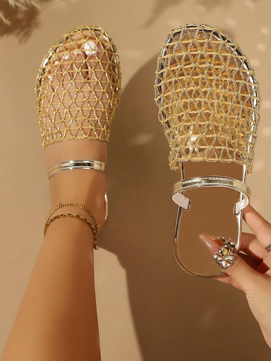 Women's New European & American Style Backstrap Fishnet Flat Sandals, Hollow Out Comfy Beach Slip On Slides