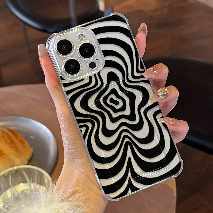 [24h Shipping From DE/ES]Apple 17  23-25 Phone Case: Transparent Case With Card Slot And Black And White Swirl Pattern, Compatible With All Apple Models. It Features A Transparent Soft Cover That Is Drop-Proof At All Four Corners With An Integrated Slot For Access Cards And Bank Cards. Este Design VisualGift Box Pack Phone Case Surprise Present - A - 查看 1