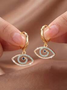 1 Pair Vintage Gold & Silver Dual Color Turquoise Blue Rhinestone Evil Eye Hollow Rhinestone Stud Earrings For Women, Versatile Vacation Jewelry - Evil Eye - View 6