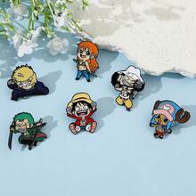 6pcs Anime "One Piece" Metal Enamel Brooches, Luffy & Zoro Version Cartoon Character Lapel Pins, Straw Hat Pirates Backpack & Jacket Decoration Collectibles - Multicolor - View 6