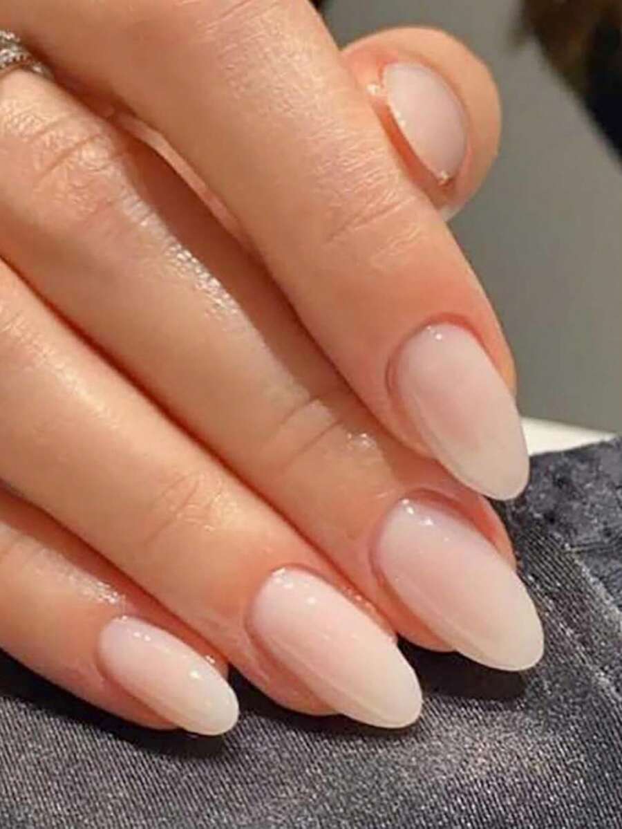 24片短橢圓形美甲貼片,極簡純色亮面假指甲,適合女性與女孩日常配戴,附果凍膠與指甲锉 - 淺粉色 - 查看 1