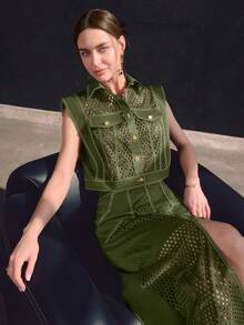 Women's New Hollow Out Sleeveless Collared Shirt And Mid-Length Skirt Fashion Two Pieces Set, Suitable For Work, Outings, And Vacation Wear - Olive Green - View 3