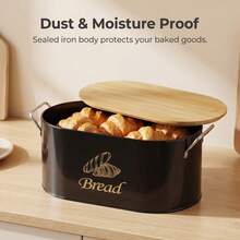 Myrothcane Oval Metal Bread Box With Bamboo Lid And Side Handles, Large Capacity Kitchen Countertop Bread Storage Bin, Farmhouse Style Bread Freshness Container, White And Black Optional Food Storage Canister - Black and White - View 8