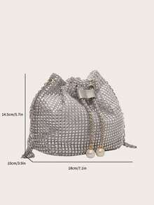 1pc Fashion Solid Color Chain Strap Mini Bucket Crossbody Bag, Silver Rhinestone Elegant Party Style Glossy Pearl Metal Chain - Silver - View 5