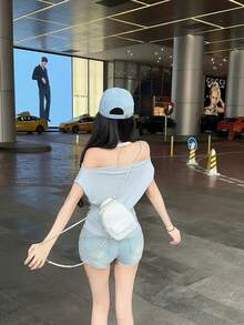 女款 2 合 1 披肩領短袖 T 恤，夏季性感甜辣風露肩垂領上衣 - 藍色 - 查看 8