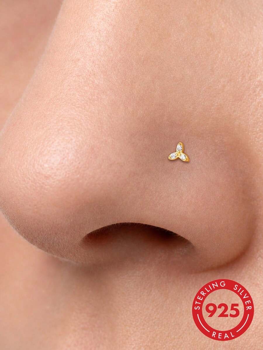 1pc 925 Sterling Silver Tiny Clover Zirconia Nose Stud, Flat Back Hypoallergenic Piercing Jewelry, Nose Ring Earring, Unisex For Daily Casual Wear - Gold - View 1