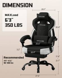 Fabric Gaming Chair With Footrest, Ergonomic Computer Desk Chair With Pocket Spring Cushion Home Office High Back Support Lumbar Support Heavy Duty Wide - Black-single - View 4