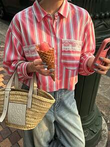 Kimono Style Women's Pink Striped Short Blouse, Decorated With White Lace Details, Long Sleeve Button-Up Top, Polyester Fabric, Perfect Choice For Spring And Autumn Outfits. - Pink - View 3