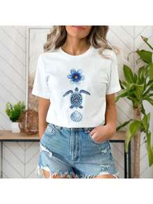 Women's Turtle And Blue Flower T-Shirt Summer Fashion 2025 Beach Style Comfortable Modern - 奶油色 - 查看 7