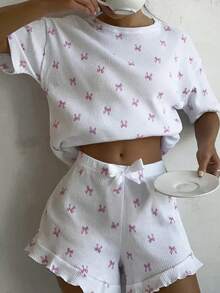 Bộ đồ ngủ nữ 2 món kiểu dáng thường ngày, áo in hình nơ dễ thương, bộ đồ mặc nhà nhẹ và thoáng khí, thích hợp cho mùa hè. - trắng - Xem 2