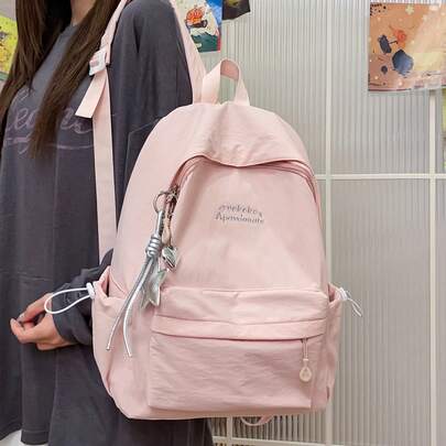 Pink Solid Color Backpack, Japanese Girly Style Student School Bag, Minimalist Large Capacity Commuter Backpack
