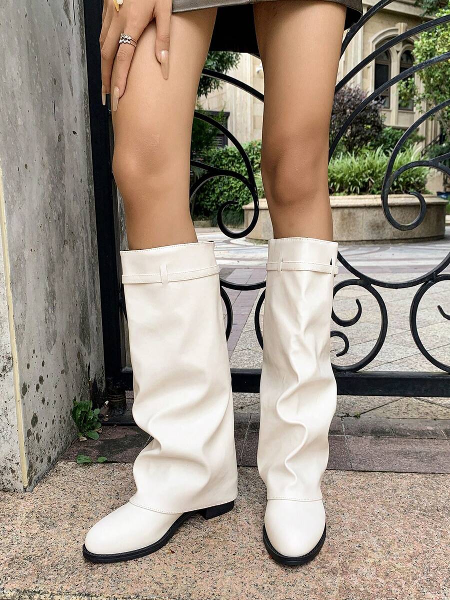 1 Pair Popular Folded Pleated Boots Fashion Buckle Flat Comfortable Solid Color Western Style Casual Microfiber Leather Mid-Calf Boots For Holiday Party Autumn/Winter - Beige - View 1