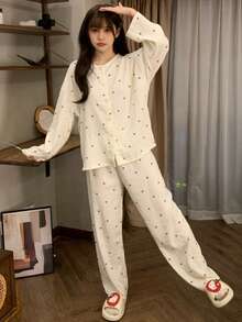 2pcs/Set Women's Pajamas Loungewear Set, Fashionable Open Front Cute Bear Head Pattern Print Long Sleeve Long Pants, Suitable For All Seasons - Champagne - View 9