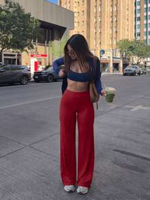 1件女款素色長款寬鬆寬腿瑜珈褲，舒適顯瘦，適合跑步、健身與瑜珈，百搭實用 - 酒紅色 - 查看 10