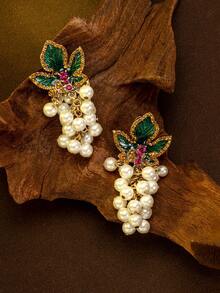1 Pair French Vintage Enamel Green Leaf Pearl Grape Tassel Earrings, Luxury Colorful Rhinestone Long Dangle Earrings, European Court Style Banquet Dress Accessory - Multicolor - View 8