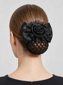 1pc 3D Lace Rose Flower Mesh Hair Clip, Elegant Professional Women's Hair Bun Net - Black - View 1