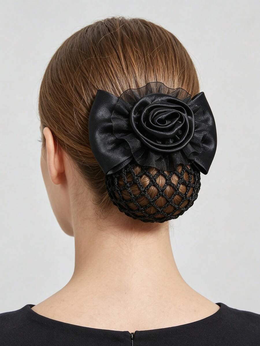 1pc 3D Lace Rose Flower Mesh Hair Clip, Elegant Professional Women's Hair Bun Net - Black - View 1