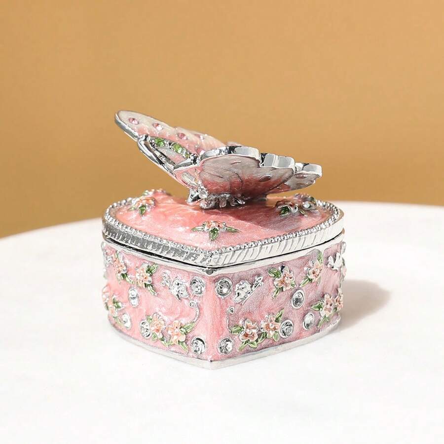 SUSUZUKU 1pc Creative Gift Metal Enamel Craft Vintage Heart-Shaped Butterfly Jewelry Box, Creative Birthday Gift, Valentine's Day Gift - Multicolor - View 1
