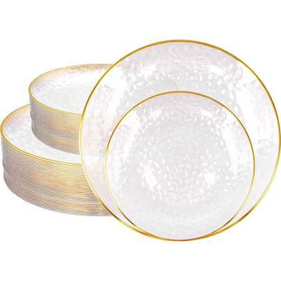 Transparent Hammered Gold Rim Dinner Plates, Transparent Gold Rim Plates, Elegant Dessert Plates, Pasta Plates, Pizza Plates, Cake Plates, Salad Plates, 7.5 Inch/10.25 Inch Sizes, Reusable And Easy To Clean, Suitable For Weddings, Birthday Parties, Valentine's Day, Outdoor Banquets And Daily Dining - Formal And Informal Occasions, Party Tableware, Diamond Pattern, Sturdy Structure, Multi-Functional Containers, Event Planner's Choice, Home Enthusiast's Essential, Holiday Celebration Supplies, Modern Style Decor, Restaurant Supplies And More