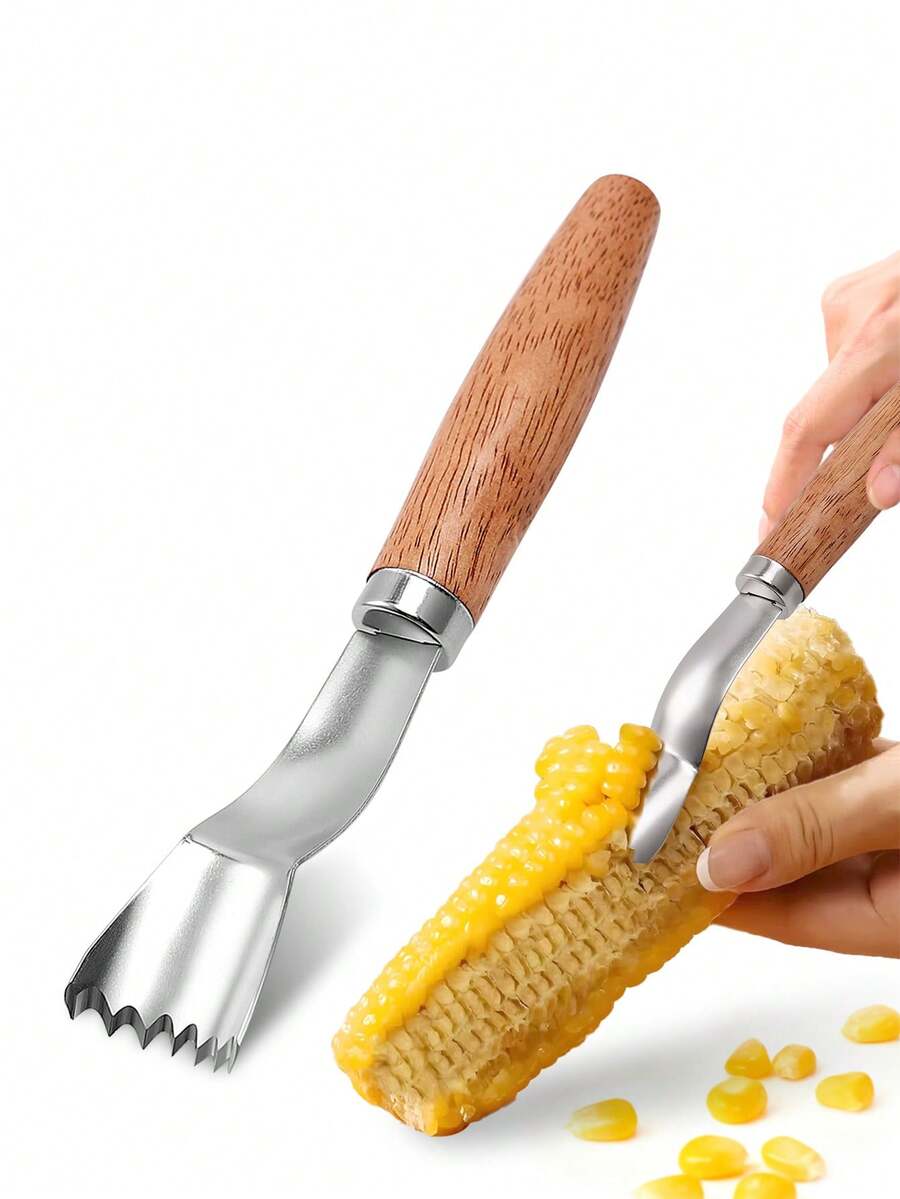 1pc Stainless Steel Corn Peeling Tool With Wooden Handle, Manual Corn Kernel Remover, Outdoor BBQ Camping Kitchen Fruit Vegetable Salad Prep Tool, Corn Kernel Remover, Home Salad Ingredient Processing Tool, Serrated Quick Corn Kernel Shaver, Fruit Vegetable Slicing Gadget - View 1