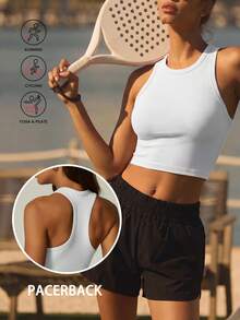 Women's Ribbed Knit Racerback Cropped Tank Top, Sports Support Breathable Innerwear, Yoga Top, Pilates Workout Wear, Suitable For Daily Commute, Gym Exercise, Outdoor Running Sports Top - White - View 7