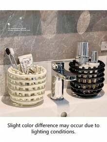1pc Woven Pattern Desktop Storage Box Hollow Portable Resin Storage Cylinder Comb Holder Makeup Organizer Handwoven Storage Basket Storage Bin Plastic Storage Box Hollow Ventilated Dust-Free Stationery/Jewelry Organizer Box Bathroom Toiletries Storage Box Can Store Used Towels, Toothbrushes, Cosmetics, Toothpaste, Bathroom Accessories - A - View 8