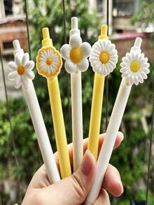 1pc/5pcs INS Style 3D Daisy Clickable Neutral Ink Pen, Cream Yellow & Cream White Matte Barrel Press Signature Pen, Fresh Sunflower Floral Decor Pen, Stationery Gift For Girls, Students, Journaling, Office, Suitable For Office, Study, Writing, Fun Gift - Sunflower - View 5