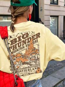 Camiseta holgada de mujer con estampado en la espalda de ferrocarril de montaña occidental, top vintage de manga corta y cuello redondo, estilo denim retro americano cómodo y holgado, adecuado para uso diario, vacaciones, estilo callejero, regreso a la escuela, festival, salida de fin de semana, viaje al campo, uso casual - Amarillo - Ver 3