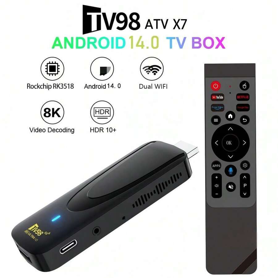 1. 安卓电视棒，搭载RK3518芯片、Cortex A53 CPU、Mali 450 MP2 GPU，支持4G/5G WiFi、HDR、8K AV1解码，运行Android 14系统，64GB存储空间，支持多语言，适合日常家庭使用 - 黑色 - 查看 1