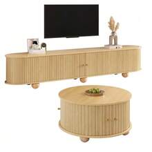 Coffee Table And TV Unit Set, Round Coffee Table With Curved TV Unit, Vertical Relief Structure, Sliding Doors, MDF Frame, Metal Handles, Spherical Metal Feet, Versatile Storage Space - 自然色 - 查看 1