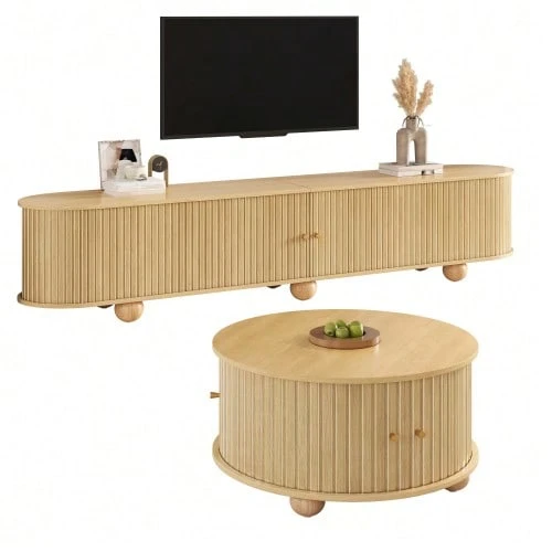 Coffee Table And TV Unit Set, Round Coffee Table With Curved TV Unit, Vertical Relief Structure, Sliding Doors, MDF Frame, Metal Handles, Spherical Metal Feet, Versatile Storage Space - 自然色 - 查看 1