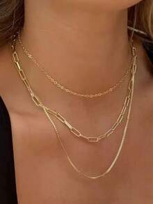 1pc Stainless Steel Vintage Style Triple Layer Paperclip Chain Long Collarbone Necklace, Versatile Neck Accessory For Christmas Gift, Commute, Date, Vacation, Party - Gold - View 1