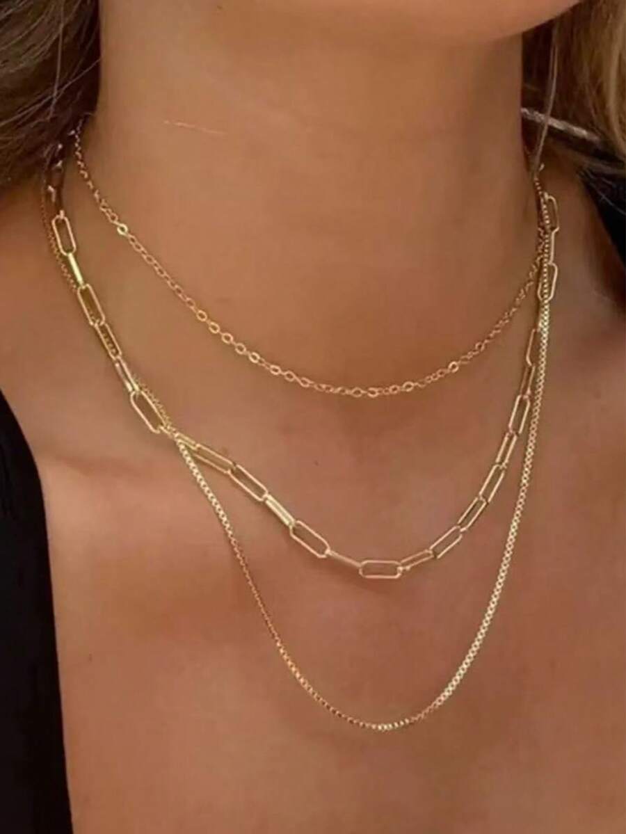 1pc Stainless Steel Vintage Style Triple Layer Paperclip Chain Long Collarbone Necklace, Versatile Neck Accessory For Christmas Gift, Commute, Date, Vacation, Party - Gold - View 1