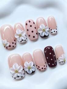 Zysa Unhas Postiças Quadradas Médias com Base Nude, Poá, Flor 3D Branca, Pontos Borgonha e Pretos, Ponta Francesa, Brilhantes, Falsas, Reutilizáveis, Estilo Doce Vintage Coquette Fofo, para Uso Diário, Festa, Feriado, Casamento, Manicure, Volta às Aulas, Verão, Formatura, Y2K, Presente - Multicolorido - Visão 3