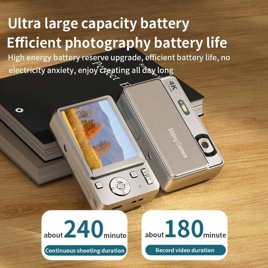 4K Mini Digital Camera, Portable Pocket Instant Camera With Sliding Lens Cover, Suitable For Travel Vlog Video Recording, Rechargeable Camera, Suitable For Teenagers Beginners And Adults, Photography Small Camera Gift