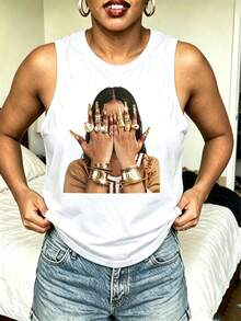 Women Round Neck Vest Top, Portrait Graphic Printed Top, Suitable For Spring, Summer And AutumnUnisex Vintage Washed Tank Top - 白色5 - 查看 1