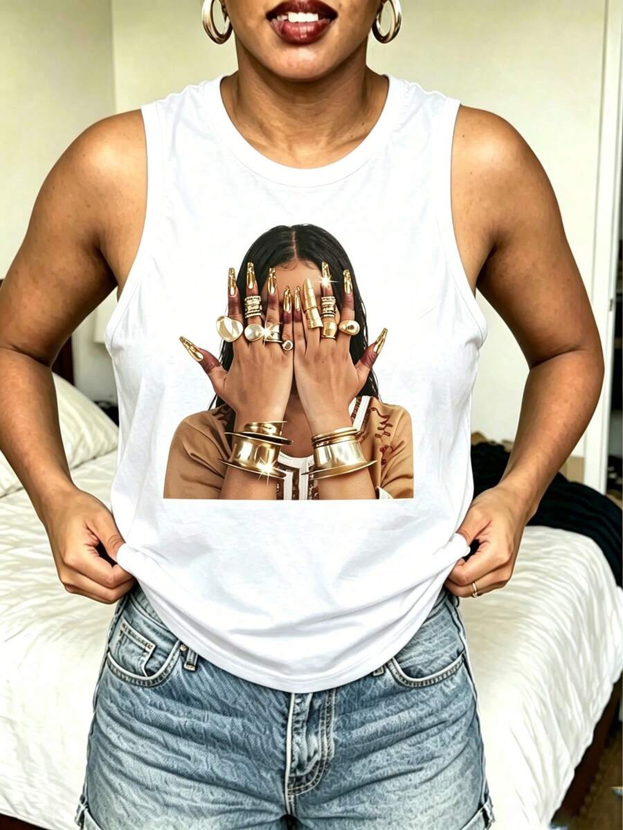 Women Round Neck Vest Top, Portrait Graphic Printed Top, Suitable For Spring, Summer And AutumnUnisex Vintage Washed Tank Top - 白色5 - 查看 1