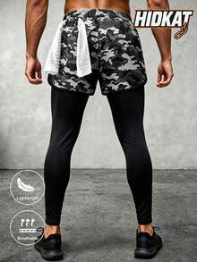 Hidkat Men's Camouflage 2-In-1 Faux Layered Sports Long Pants With Drawstring Waist And Hidden Pockets, Suitable For Outdoor Fitness, Running And Casual Wear - Grey - View 3