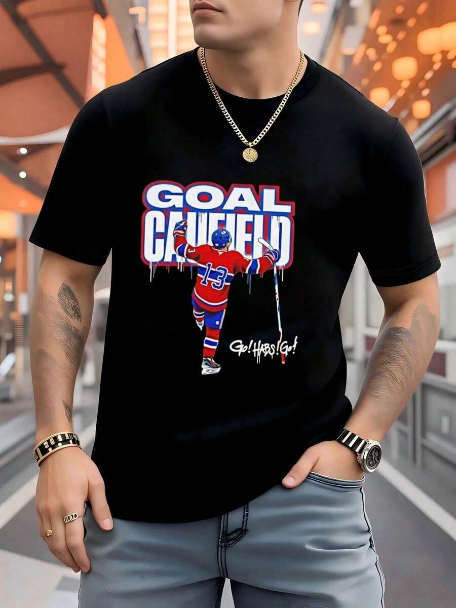 100% Men's Graphic T-Shirt Featuring Ice Hockey Player Number 13 With Goal Caufield Text And Go Habs Go Design, Sporty Summer Tee, Breathable Comfort - Negro - Ver 1