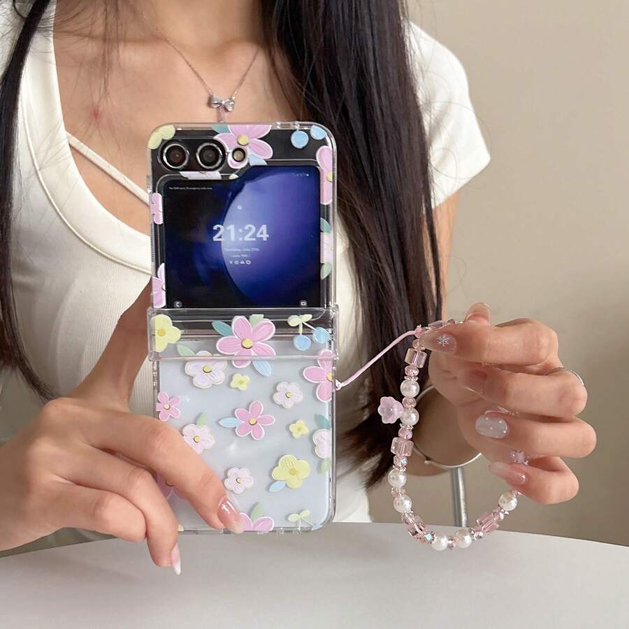 Custodia per telefono pieghevole con fiori 3D pastello e cinturino a catena per Samsung Galaxy Z Flip 4 5G/Galaxy Z Flip 5 5G/Galaxy Z Flip 6 5G/Galaxy Z Flip 7 5G/Galaxy Z Flip 8 5G Nuova custodia per telefono pieghevole