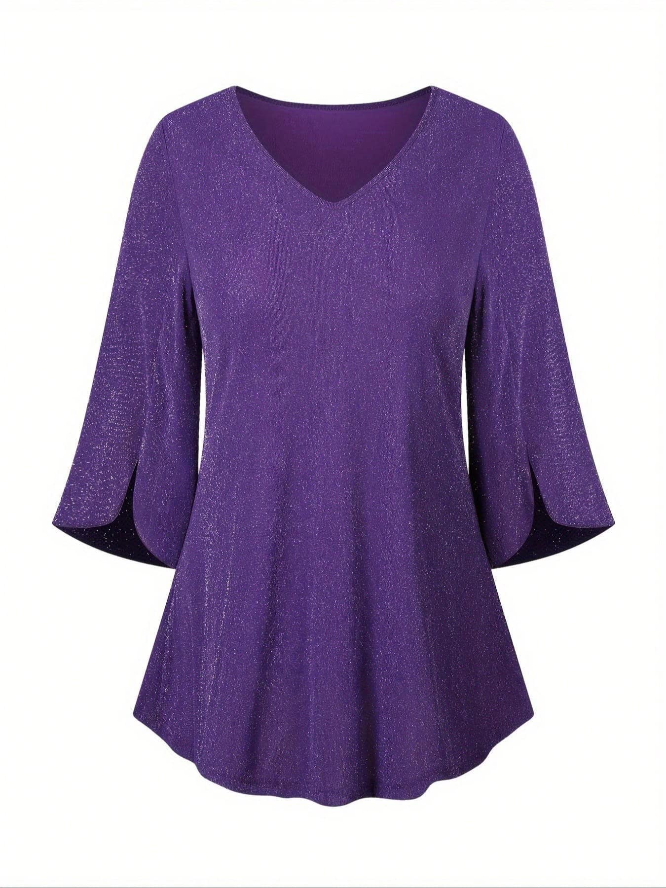Plus Size Women's Fashionable Casual Solid Color Ruffle Edge 3/4 Sleeve V-Neck Shirt With Double-Layer Mesh Design Vacation - Purple - View 1