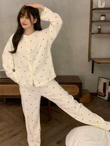 2pcs/Set Women's Pajamas Loungewear Set, Fashionable Open Front Cute Bear Head Pattern Print Long Sleeve Long Pants, Suitable For All Seasons - Champagne - View 7