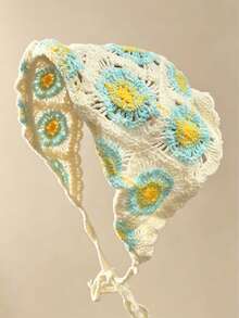 1pc Women's Pastoral Style Square Scarf, Multi-Functional Bohemian Headscarf, French Country Style Triangle Headwrap, Hollow Breathable Knitted Floral Tie-Up Headband, Spring/Summer Girl Picnic Travel Hair Tie, Vintage Floral Adjustable Tie Hair Accessory, Suitable For Vacation/Beach/Daily Wear - Multicolor - View 7