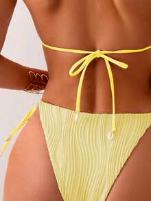 Conjunto de 2 piezas de bikini con espalda triangular de tela con textura de onda especial de unicolor amarillo para mujer - Amarillo - Ver 4